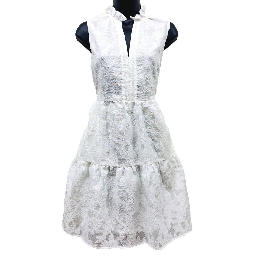Pinch White Floral Burnout Ruffle Neck‎ Tiered Sleeveless Dress Small 4692D